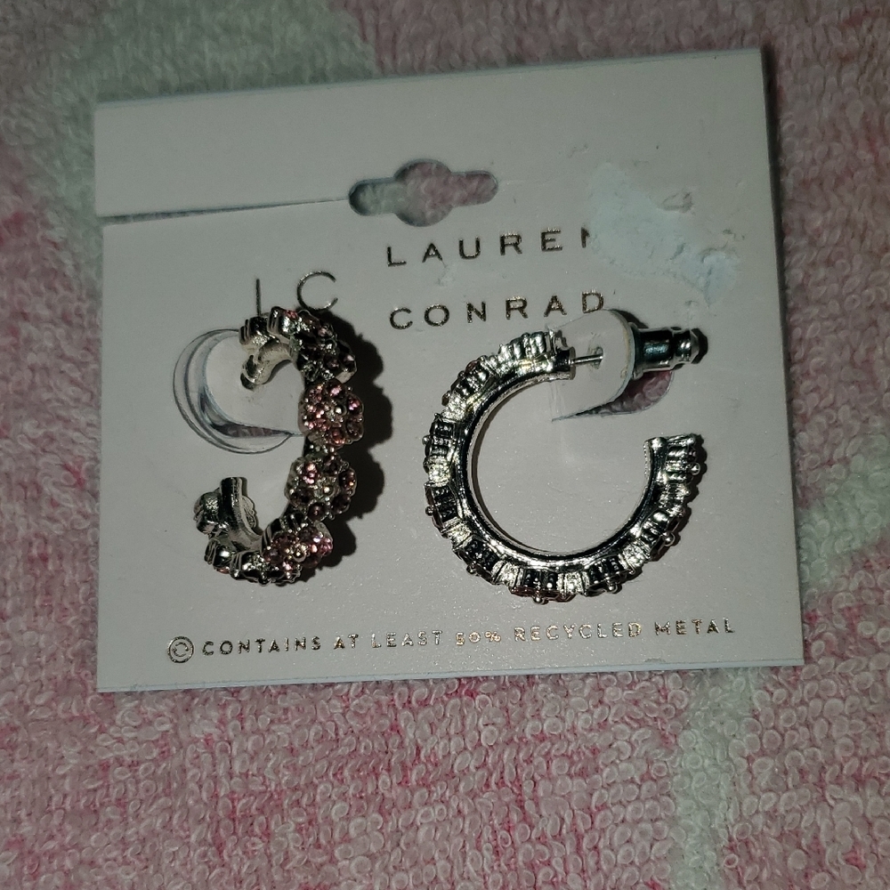 LC Lauren Conrad Pink and Silver Ornate Hoop Earrings